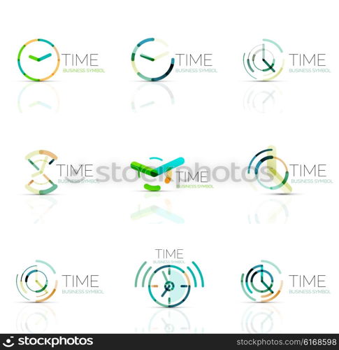 Geometric clock and time icon logo set. Thin line geometric flat style symbols or logotypes. Business time management, running time idea, timing concept