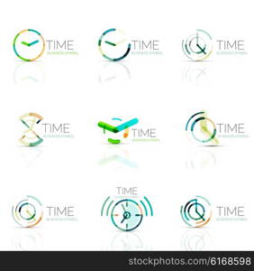 Geometric clock and time icon logo set. Thin line geometric flat style symbols or logotypes. Business time management, running time idea, timing concept