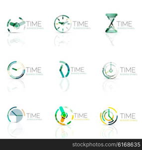 Geometric clock and time icon logo set. Thin line geometric flat style symbols or logotypes. Business time management, running time idea, timing concept