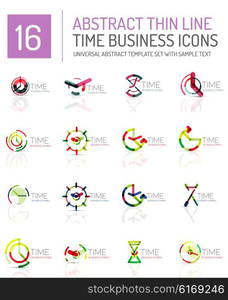 Geometric clock and time icon logo set. Thin line geometric flat style symbols or logotypes. Business time management, running time idea, timing concept