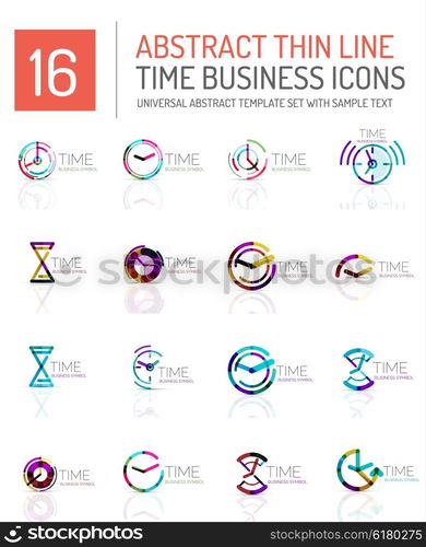 Geometric clock and time icon logo set. Thin line geometric flat style symbols or logotypes. Business time management, running time idea, timing concept