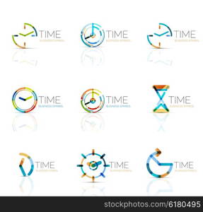 Geometric clock and time icon logo set. Thin line geometric flat style symbols or logotypes. Business time management, running time idea, timing concept