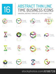 Geometric clock and time icon logo set. Thin line geometric flat style symbols or logotypes. Business time management, running time idea, timing concept