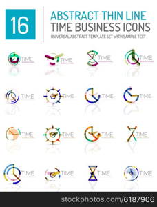 Geometric clock and time icon logo set. Thin line geometric flat style symbols or logotypes. Business time management, running time idea, timing concept