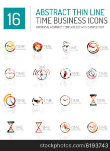 Geometric clock and time icon logo set. Thin line geometric flat style symbols or logotypes. Business time management, running time idea, timing concept