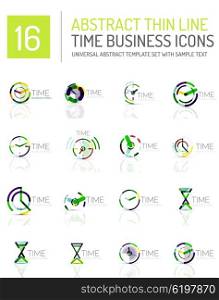 Geometric clock and time icon logo set. Thin line geometric flat style symbols or logotypes. Business time management, running time idea, timing concept