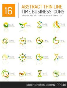 Geometric clock and time icon logo set. Thin line geometric flat style symbols or logotypes. Business time management, running time idea, timing concept