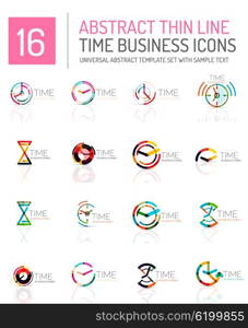 Geometric clock and time icon logo set. Thin line geometric flat style symbols or logotypes. Business time management, running time idea, timing concept