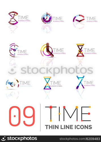 Geometric clock and time icon logo set. Thin line geometric flat style symbols or logotypes. Business time management, running time idea, timing concept