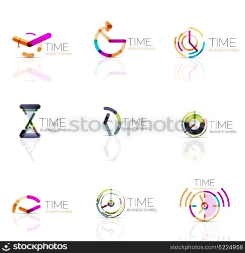 Geometric clock and time icon logo set. Thin line geometric flat style symbols or logotypes. Business time management, running time idea, timing concept