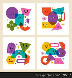 Geometric comic doodle abstract funny characters posters. Abstract funny figures vector with face emotions illustration covers set. Cartoon geometric shapes compositions. Geometric collection shape. Geometric comic doodle abstract funny characters posters. Abstract funny figures vector with face emotions illustration covers set. Cartoon geometric shapes compositions