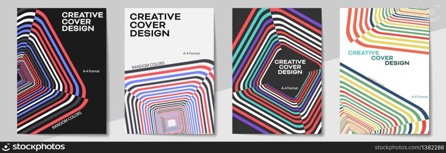 Geometric cover design templates A-4 format. Editable set of layouts for covers of books, magazines, notebooks, albums, booklets. Flat design, modern colors.