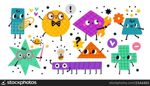 Geometric cute characters. Abstract color basic draw figures with happy faces, hands and legs. Cheerful cross and hexagon. Funny patterned shapes. Doodle rectangle and circle. Vector emoji objects set. Geometric cute characters. Abstract basic draw figures with happy faces, hands and legs. Cross and hexagon. Funny patterned shapes. Doodle rectangle and circle. Vector emoji objects set