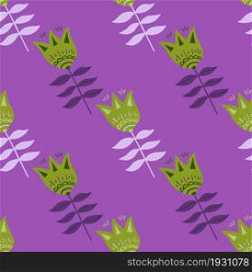 Geometric doodle flower folk art seamless pattern on purple background. Floral nature wallpaper. Folklore style. For fabric design, textile print, wrapping, cover. Simple vector illustration.. Geometric doodle flower folk art seamless pattern on purple background.