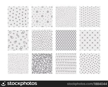 Geometric doodle patterns. Hand drawn simple seamless prints. Minimalistic backgrounds with dots and lines, strokes or rings. Colorful sketch ornaments mockup. Vector abstract decorative covers set. Geometric doodle patterns. Hand drawn seamless prints. Minimalistic backgrounds with dots and lines, strokes or rings. Colorful sketch ornaments. Vector abstract decorative covers set