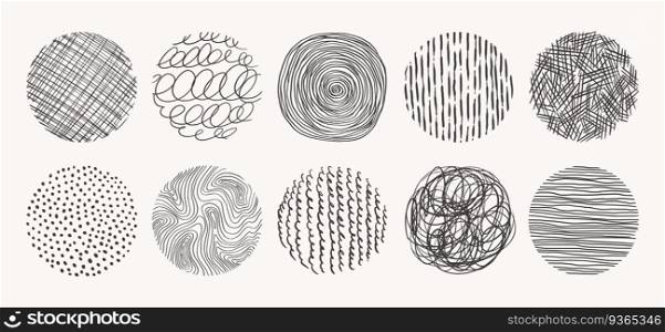 Geometric doodle shapes of spots, dots, circles, strokes, stripes, lines. Set of circle hand drawn patterns. Vector textures made with ink, pencil, brush. Template for social media, posters, prints.