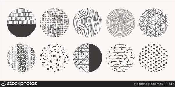 Geometric doodle shapes of spots, dots, circles, strokes, stripes, lines. Set of circle hand drawn patterns. Vector textures made with ink, pencil, brush. Template for social media, posters, prints.
