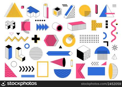 Geometric element. Memphis abstract shape design. Modern geometry. Colorful polygon figures. Cross and arrows. Curve lines. Squares and circles. Minimal forms retro composition. Vector graphic set. Geometric element. Memphis abstract shapes. Modern geometry. Colorful polygon figures. Cross and arrows. Curve lines. Squares and circles. Minimal forms composition. Vector graphic set