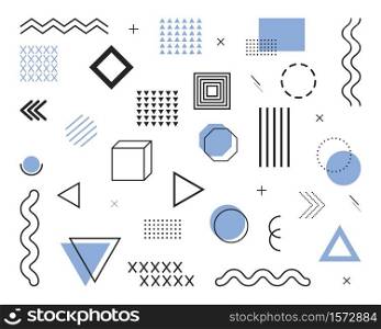 Geometric elements from 80s and 90s. Design shapes and graphic waves. Line, circle, dot, figure and pattern for abstract background. Memphis banner for hipster decoration. Retro ornament. Vector.. Geometric elements from 80s and 90s. Design shapes and graphic waves. Line, circle, dot, figure and pattern for abstract background. Memphis banner for hipster decoration. Retro ornament. Vector