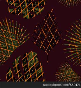 Geometric figure lines on tropical leaves seamless pattern. Vector illustration