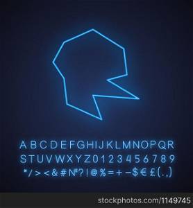 Geometric figure neon light icon. Abstract shape. Isometric form. Broken fractal. Spot with sharp corners. Glowing sign with alphabet, numbers and symbols. Vector isolated illustration