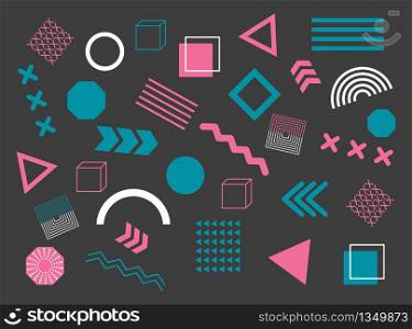 Geometric figures pattern. Abstract black modern background. Graphic color texture. Trendy memphis shapes. Hipster, art, pop styles. Retro, vintage template and wallpaper. Poster of 80s, 90s. Vector.. Geometric figures pattern. Abstract black modern background. Graphic color texture. Trendy memphis shapes. Hipster, art, pop styles. Retro, vintage template and wallpaper. Poster of 80s, 90s. Vector