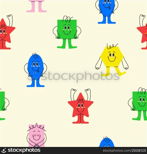 Geometric figures pattern with funny face, cute creations with emotions. Different shapes set vector for children&rsquo;s education. Hexagon, star, square are shown. Geometric figures pattern with funny face, cute creations with emotions. Different shapes set vector for children&rsquo;s education.