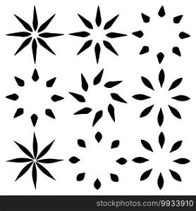 Geometric flower or leaf icon set. Black abstract simple concentric floral pattern. Vector design element isolated on white background.