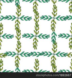 Geometric forest branch with leaves seamless pattern isolated on white background. Foliage backdrop. Nature wallpaper. For fabric design, textile print, wrapping, cover. Vector illustration.. Geometric forest branch with leaves seamless pattern isolated on white background.