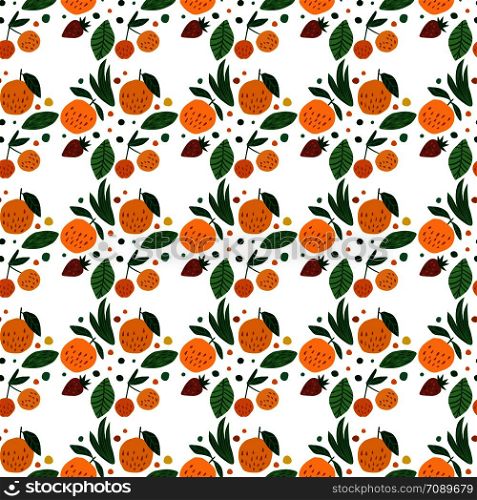 Geometric fruits seamless pattern. Funny garden fruit on white background. Cherry berries, apples, strawberry and leaves hand drawn wallpaper. Vector illustration.. Geometric fruits seamless pattern. Funny garden fruit background.