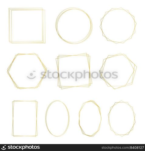 Geometric golden frames set vector. Gold beautiful template for designing invitations, congratulations, cards and postcards. Blank collection round square polygonal border. Geometric golden frames set vector