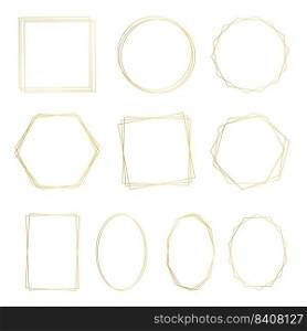 Geometric golden frames set vector. Gold beautiful template for designing invitations, congratulations, cards and postcards. Blank collection round square polygonal border. Geometric golden frames set vector