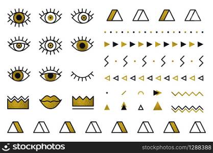 Geometric golden shapes set in 80s style. Memphis vector graphic elements on white background for tattoo stickers. Set includes triangle, eyes, lips, crown, border in line design.