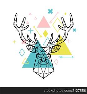 Geometric head of deer. Cartoon artwork of polygonal abstract animal figure, vector illustration forest character silhouette of triangles and lines on white background. Geometric head of deer