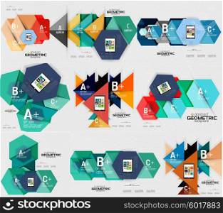 Geometric infographic banners . Geometric infographic banners, multicolored shapes, hexagons with sample options. Abstract design template