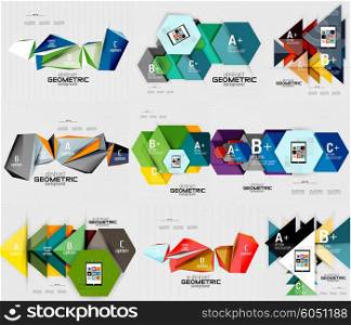 Geometric infographic banners, multicolored shapes, hexagons with sample options. Abstract design template