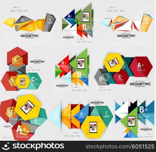 Geometric infographic banners, multicolored shapes, hexagons with sample options. Abstract design template