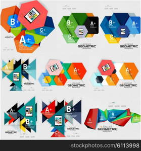 Geometric infographic banners, multicolored shapes, hexagons with sample options. Abstract design template