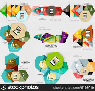 Geometric infographic banners, multicolored shapes, hexagons with sample options. Abstract design template