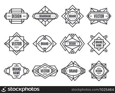 Geometric labels. Geometrical badge, minimal triangles art and abstract design shapes label. Authentic geometric logo, outline ornament sticker. Isolated vector illustration symbols set. Geometric labels. Geometrical badge, minimal triangles art and abstract design shapes label vector illustration set
