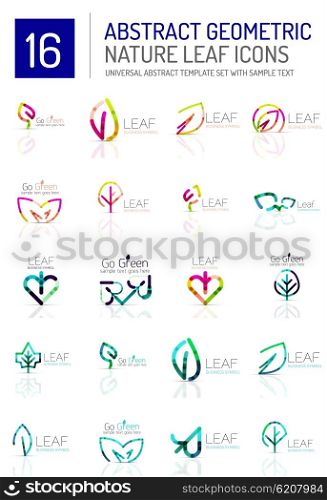 Geometric leaf icon set. Thin line geometric flat style symbols or logotypes. Nature green environmental concept, new life idea in various color variations. Eco love heart