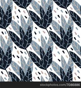 Geometric leaves seamless pattern on white background. Hand draw tropical backdrop. Design for fabric, textile print, wrapping. Vector illustration. Geometric leaves seamless pattern on white background.