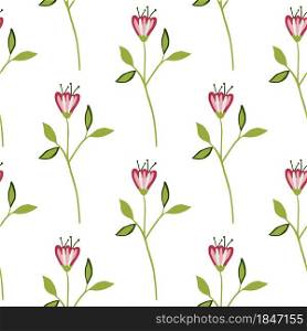 Geometric little wildflower seamless pattern on white background. Elegant botanical design. Abstract floral ornament. Nature wallpaper. For fabric, textile print, wrapping, cover. Vector illustration. Geometric little wildflower seamless pattern on white background.
