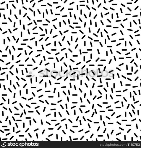 Geometric memphis retro seamless pattern 80s - 90s style. Stylish minimal ornament with black dashes on white background. Vector illustration in memphis art style for poster template or fabric print. Black dash memphis style white seamless pattern