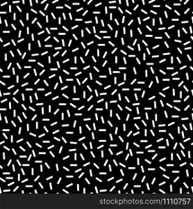 Geometric memphis retro seamless pattern 80s - 90s style. Stylish minimal ornament with black dashes on white background. Vector illustration in memphis art style for poster template or fabric print. White dash memphis style black seamless pattern