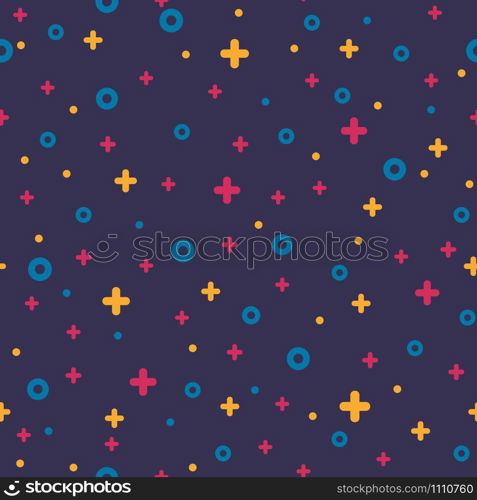 Geometric memphis retro seamless pattern 80s - 90s style. Trendy texture with color funky shapes on violet background. Vector illustration in memphis pop art style for fabric print or poster template. 1980s style abstract shape violet memphis pattern