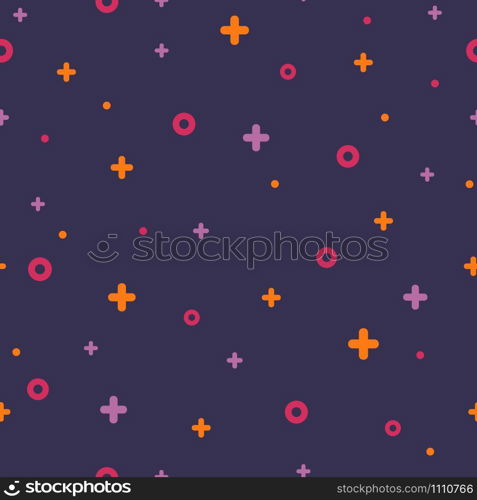 Geometric memphis retro seamless pattern 80s - 90s style. Modern space texture with rare color funky shapes on violet background. Vector illustration in memphis pop art style for modern fabric pattern. Violet memphis seamless pattern 80s - 90s style.