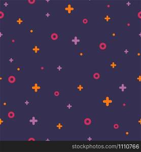 Geometric memphis retro seamless pattern 80s - 90s style. Modern space texture with rare color funky shapes on violet background. Vector illustration in memphis pop art style for modern fabric pattern. Violet memphis seamless pattern 80s - 90s style.