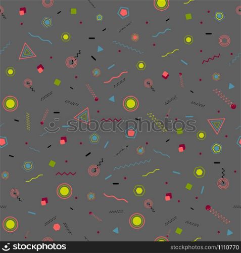 Geometric memphis retro seamless pattern 80s - 90s style. Trendy pastel abstract texture with soft color funky shapes on gray background. Vector illustration in memphis art style for modern graphic. Pastel gray abstract memphis seamless pattern