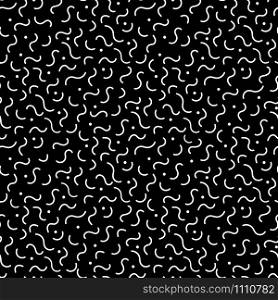 Geometric memphis retro seamless pattern 80s - 90s style. Trendy minimal texture with white wavy line and dot on black background. Vector illustration in neo memphis art style for fashion fabric print. White waves memphis style black seamless pattern